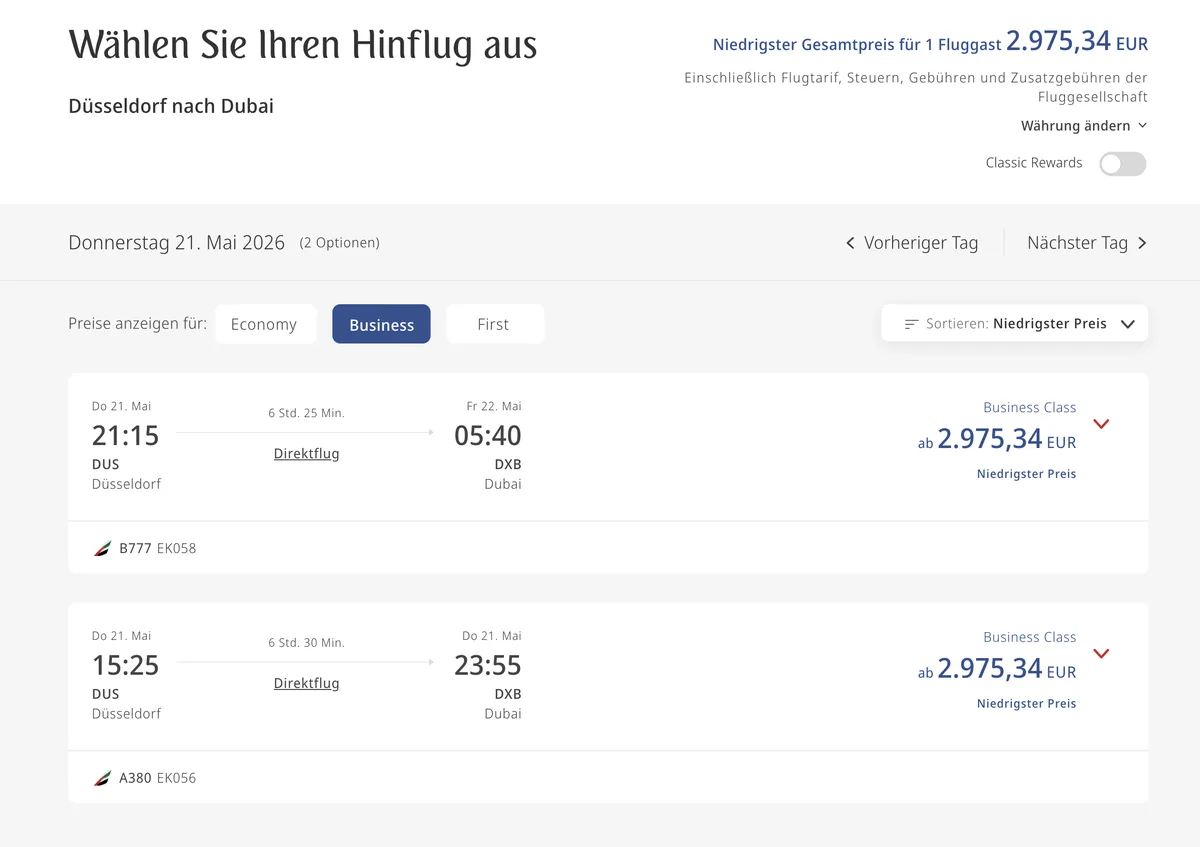 Emirates Business Düsseldorf–Dubai in Cash: 2.975 €