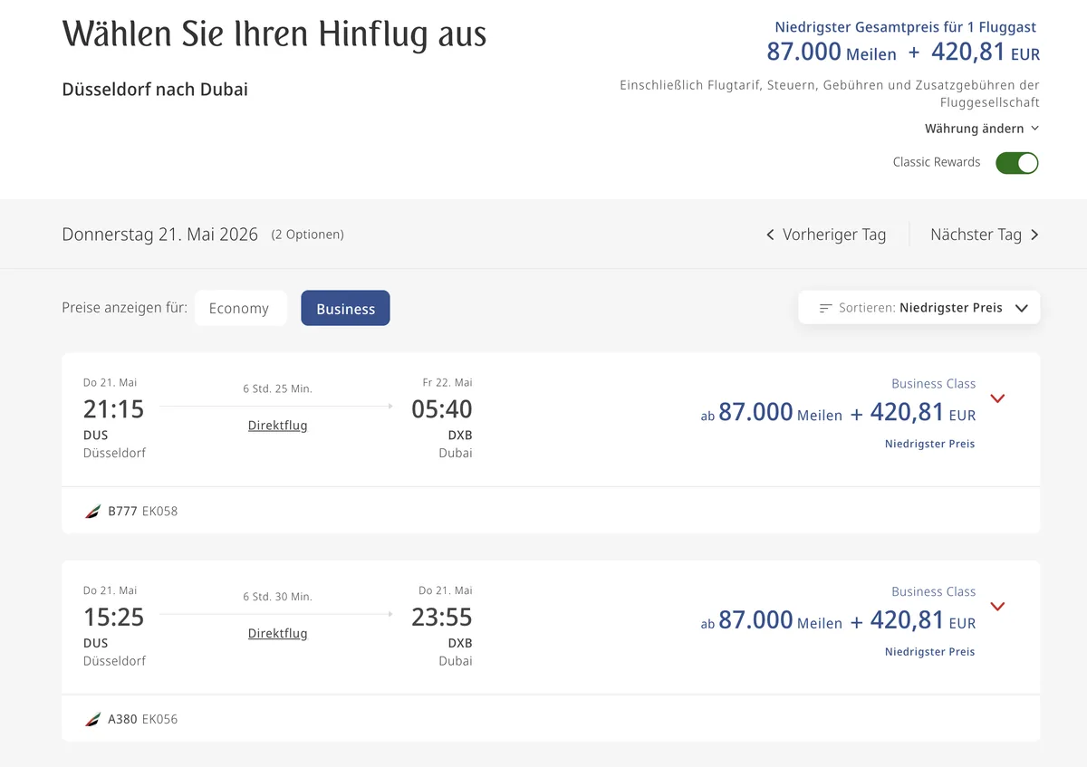 Derselbe Flug mit Meilen: 87.000 Meilen + 421 €